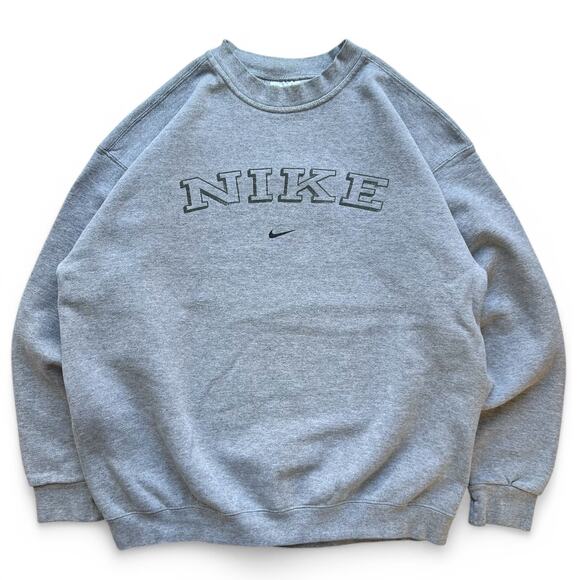 Vintage 90s USA Made Nike Spellout Center Swoosh Crewneck Sweatshirt Grey L - Picture 1 of 7